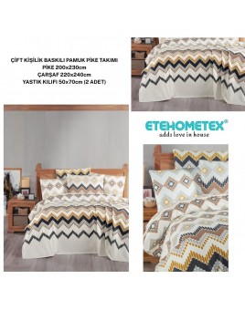 ETEHOMETEX ÇİFT KİŞİLİK BASKILI PAMUK PİKE TAKIMI COZA 8696474231922